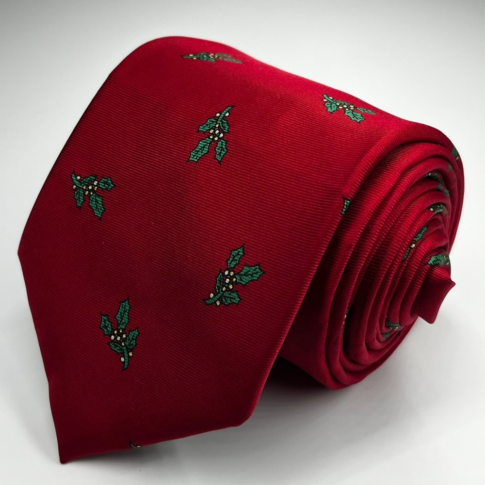 Holiday Party Christmas Silk‎ Men's Necktie Geometric Holly Leaf Red 58" *Flaw